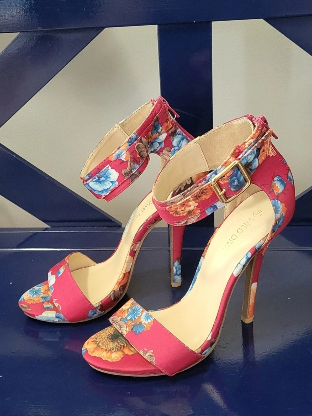 Wild Diva Floral Ankle-Strap Stiletto Heels in Pink and Blue